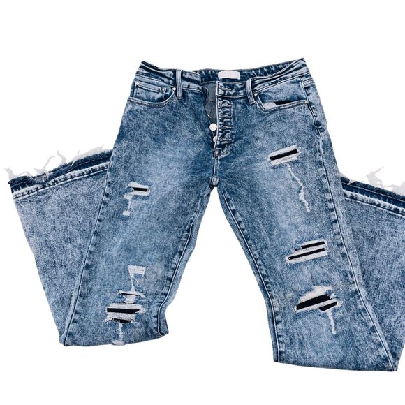 Petra 153 Jeans Distressed High-Rise Flare-Leg Jeans size 13/30 acid wash button - Picture 1 of 11